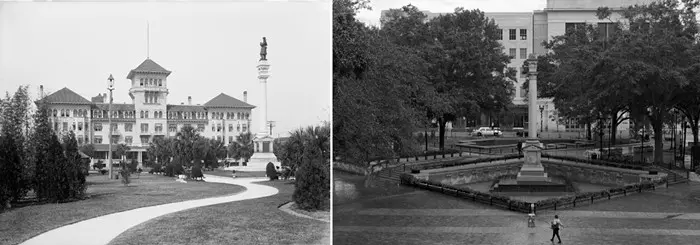 Photo on left shows monument in 1800s. Photo on right shows it in present day Jacksonville Florida.