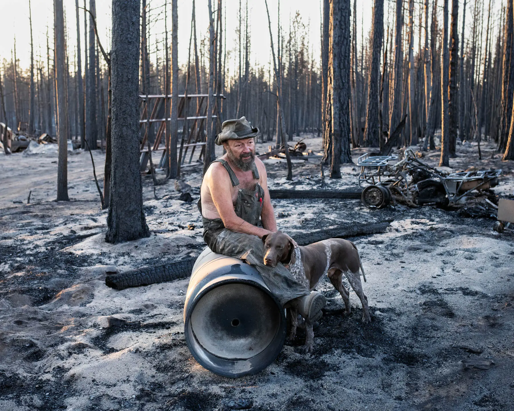 a man sits in forest with dog