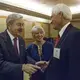 Terry Branstad, U.S. ambassador to China, and his wife, Chris Branstad say hello to Rick Kimberley, a corn and soy bean farmer from Iowa, during an Iowa Sister States reception on Wednesday, Sept. 20, 2017, in Beijing, China. A groundbreaking will be held this weekend for a replica of Kimberley's family farm being built in China. Image by Kelsey Kremer. China, 2017.