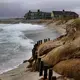 During a nor'easter, surf washed up close to the dunes where homes stand facing Town Neck Beach. Image by John Tlumacki. United States, 2019.
